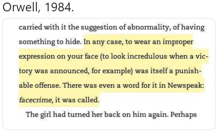 Repelsteeltje21's tweet photo. Ik ben een stuk aan het schrijven over de BBC en kwam dit artikel tegen.
https://t.co/KTd4hpzGKz
Dit gaat LETTERLIJK over wat in 1984 van George Orwell een #facecrime wordt genoemd.
Een nieuwslezeres moest zeggen 'pregnant people' en verduidelijkte 'women'.
>> https://t.co/YSqJ3Bb2Jh