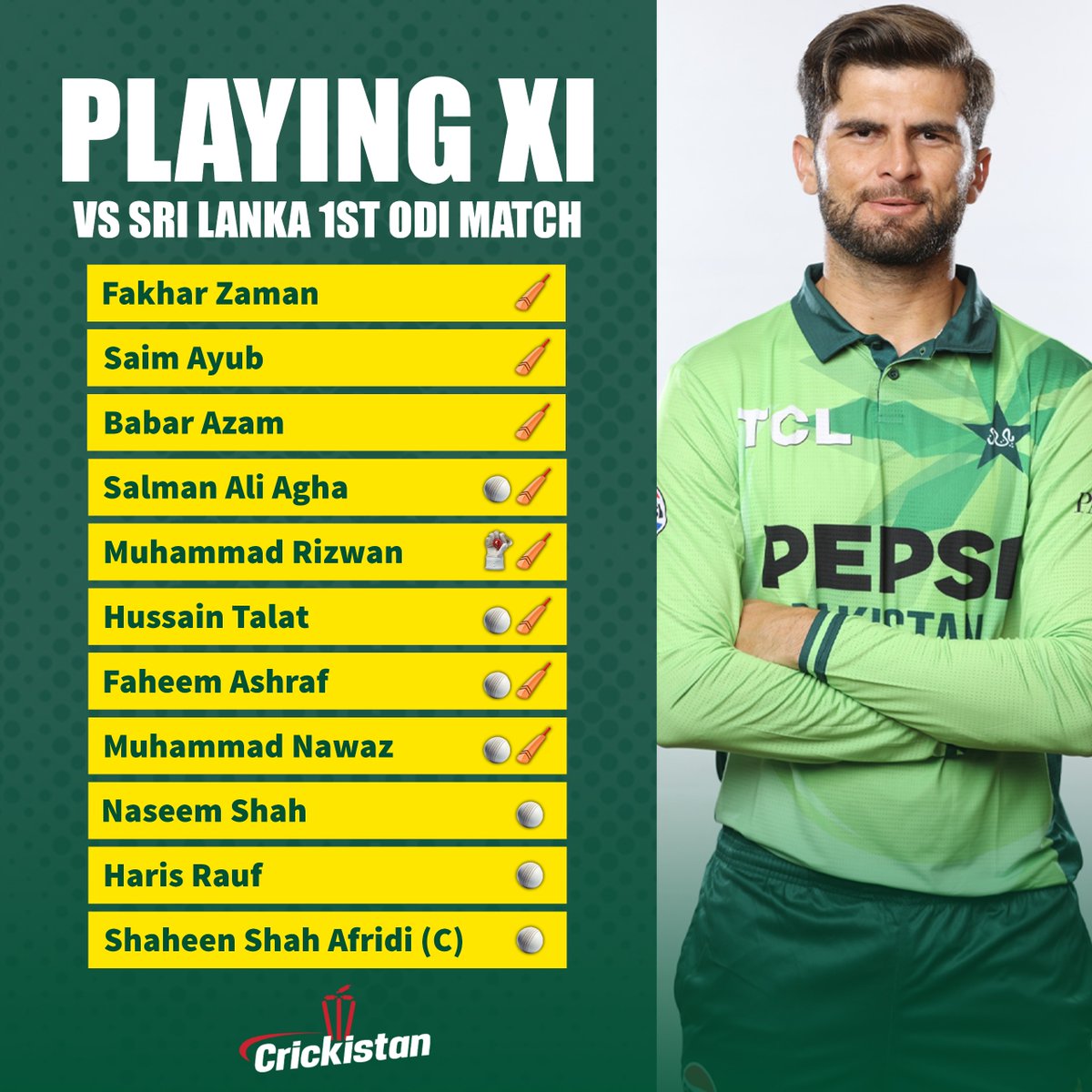 Crickistan92's tweet photo. Pakistan's Playing XI against Sri Lanka 

#PakistanCricket  #PAKvsSRI #PakistanArmy #Pakistan #ShaheenAfridi #BabarAzam https://t.co/Be7lqcsuxG