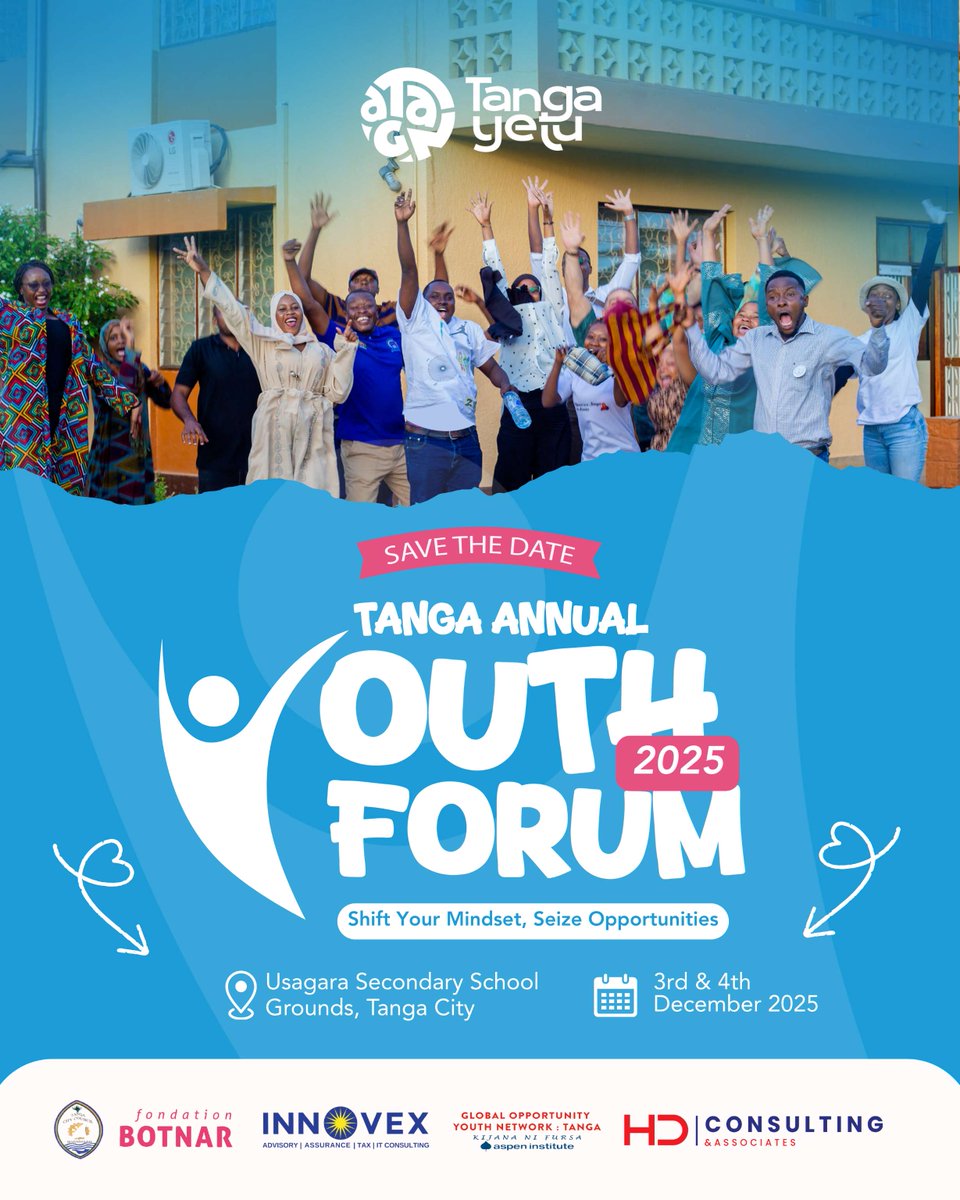 TangaYetu's tweet photo. 📣 The Annual Youth Forum is just three weeks away!

On 3 &amp; 4 December 2025, young people from Tanga will come together to learn, connect, and share ideas under the theme “Shift Your Mindset, Seize Opportunities.”

Don’t miss this space for inspiration, learning, and action. https://t.co/CwQsgXTrFP