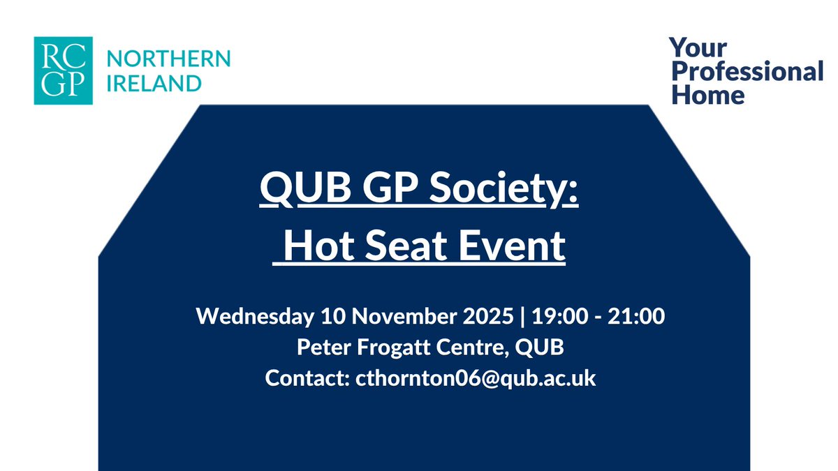 The QUB GP Society warmly invites GPs to speak at their Hot Seat Event, where students will have the opportunity to learn about your career in general practice. Please contact cthornton06@qub.ac.uk to register your interest. 
<a href="/QUBGPSociety/">QUB GP Society</a> <a href="/QUBelfast/">Queen's University Belfast 🎓</a>