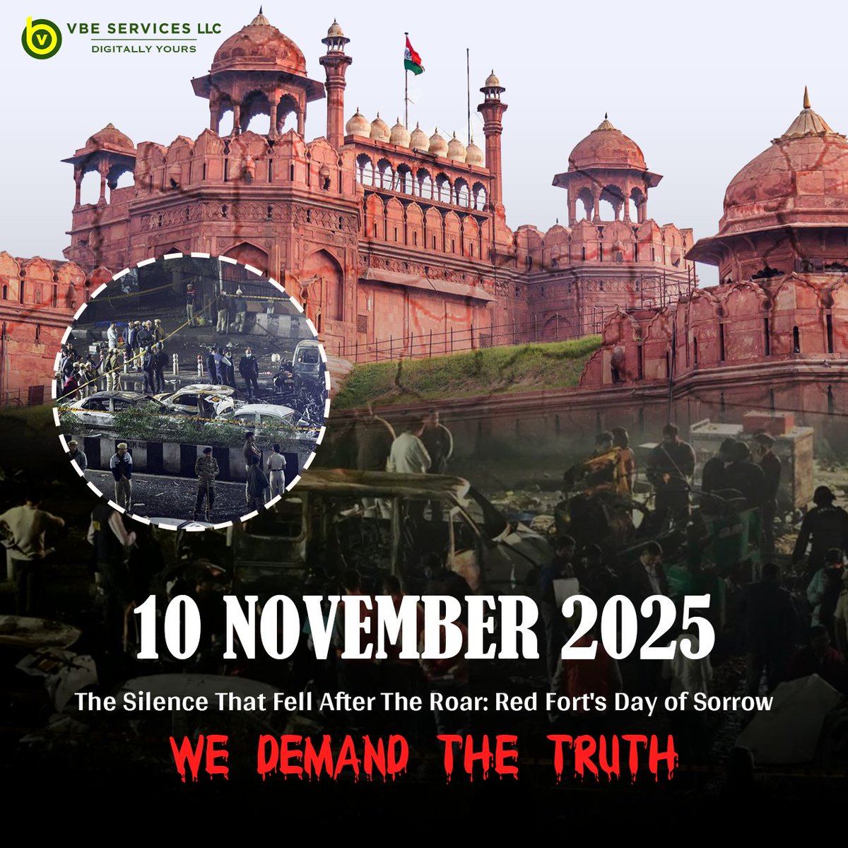 Vbeservice's tweet photo. 10 November 2025 โ A Day of Silence, A Day of Sorrow
Red Fort witnessed pain, but we raise our voices. We demand the truth.
#RedFort #DayOfSorrow #DemandTheTruth #JusticeForAll #RememberTheDay #VoiceForJustice https://t.co/Zvb3ZfV9GJ