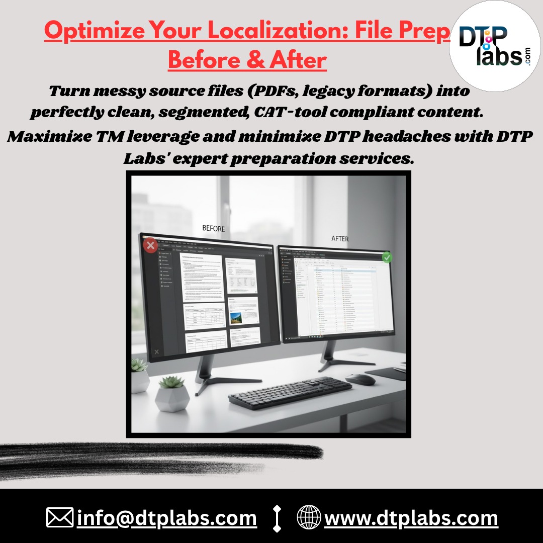 LabsDtp's tweet image. Messy files slowing you down? 🕒
DTP Labs turns cluttered PDFs into CAT-tool–ready files.
💡 Maximize TM leverage. Minimize DTP headaches.🚀
.
🌐 dtplabs.com | 📧 info@dtplabs.com
.
.
#Localization #FilePrep #DTPExperts
