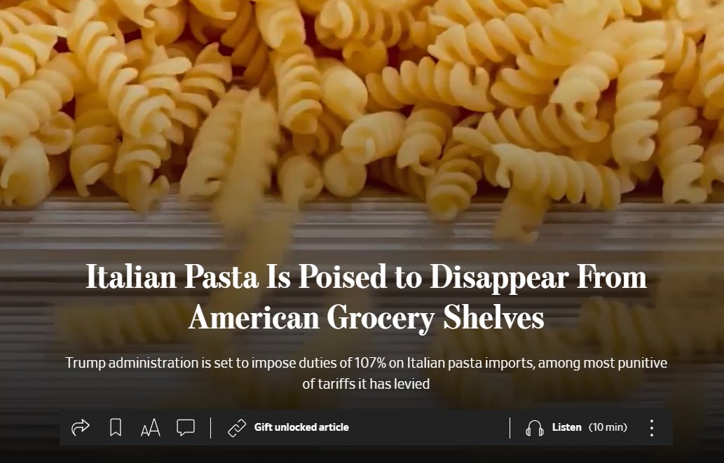 ⛔️🇺🇸 Presto la pasta italiana potrebbe subire dazi del 107% dagli Stati Uniti (15% "reciproci" + 92% antidumping).

Non male riconoscere, giorno dopo giorno, che alla Casa Bianca abbiamo degli amici.