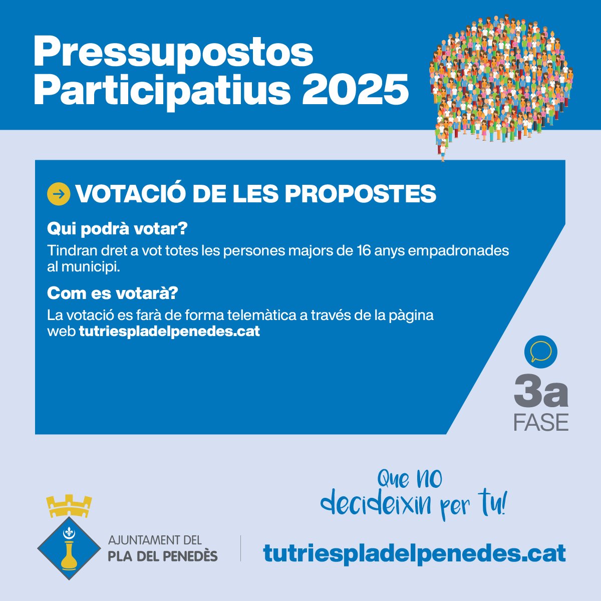 🗳️ L’Ajuntament posa en marxa una nova edició del Pressupost Participatiu, per decidir en què es destinaran 8000 euros del Pressupost municipal. 

📌 Fins a l’1 de desembre, es poden presentar propostes a tutriespladelpenedes.cat

🔗 Notícia completa: f.mtr.cool/anvsctsbzq