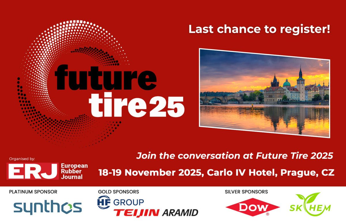 Last chance to register for #FutureTire2025 – <a href="/RubberJournal/">European Rubber Journal</a>'s first staging of the event in #Prague. #FTC2025 tracks the changes in design, materials, manufacturing &amp; recycling as  industry works to reduce  carbon footprint. futuretireconference.com
#TireIndustry #RubberIndustry