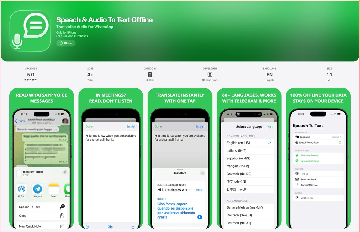 ottorinobruni's tweet image. 🎙️ Speak, don’t type!
Speech &amp;amp; Audio To Text Offline 📝 instantly turns your voice into text 100% offline, private &amp;amp; fast.
Perfect for notes, chats, or journaling on the go.
🔗 apps.apple.com/us/app/speech-…
#indiedev #VoiceToText #privacyfirst