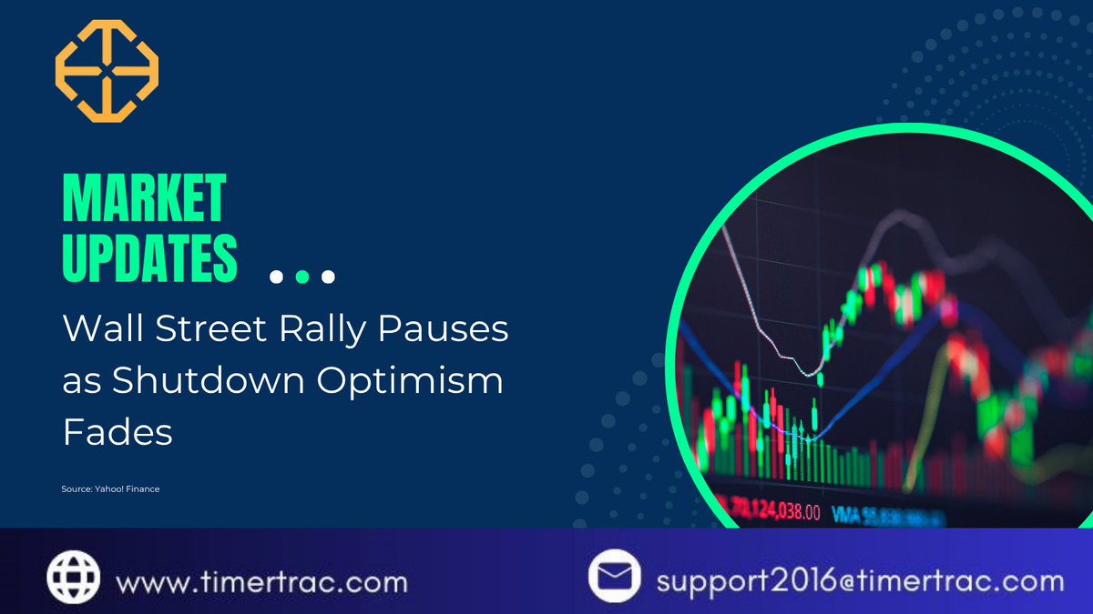 TimerTrac's tweet image. U.S. stock futures eased Tuesday after a strong AI-led rally on hopes Washington will soon end the record-breaking shutdown.

🔹 S&amp;amp;P 500: -0.1%
🔹 Dow: near flat
🔹 Nasdaq 100: -0.2%
A pause after Monday’s surge.

#StockMarket #Investing #TimerTrac #SP500 #DowJones #Nasdaq