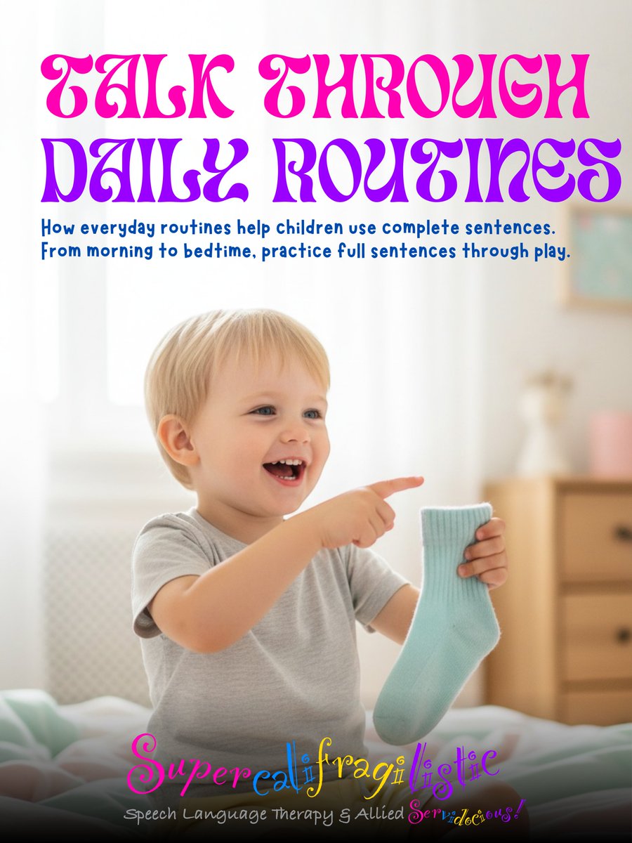 SuperTherapy's tweet image. 🗣️ Strong sentences = strong communication!
Use daily routines to model speech:
🍎 “I’m eating an apple.”
👕 “I’m putting on my socks.”
Little phrases → big language growth 🌈
#speechtherapy #languagedevelopment #parenttips