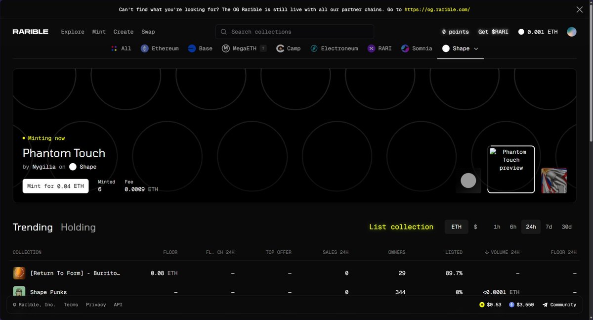 Some feedback on <a href="/rarible/">Rarible</a>✍️

Is it just me or does Rarible get really heavy sometimes? The web still feels under-optimized at certain moments.

A few recurring issues I’ve run into:
- Transaction pop-ups not showing when using Rabby Wallet
- Thumbnails occasionally breaking
-