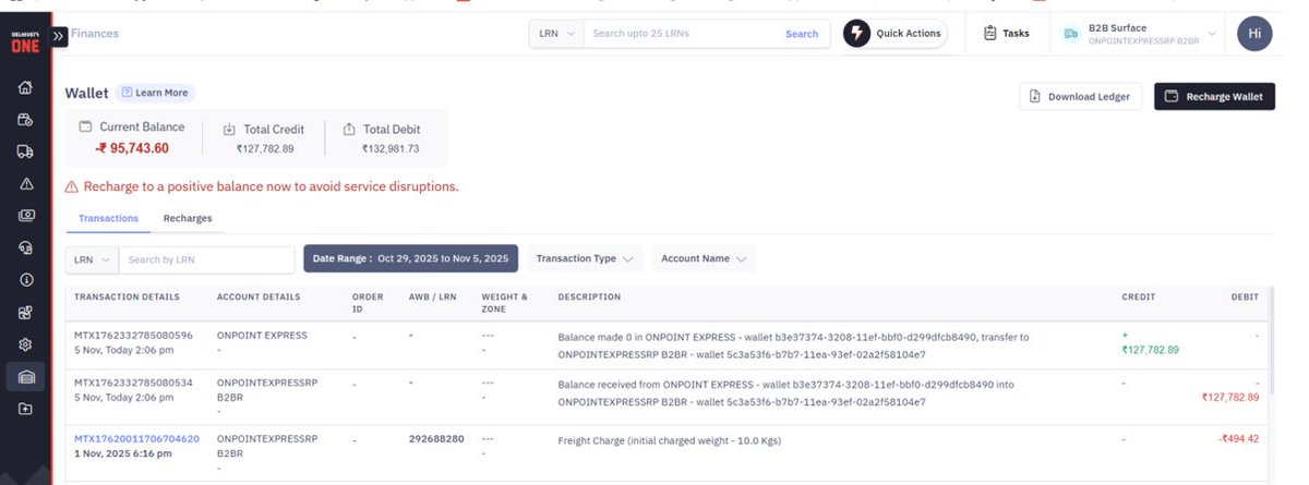 OnPointExpress_'s tweet photo. @DelhiveryD This company has deducted an amount of ₹127,782.89 from the wallet Name ONPOINTEXPRESS B2BR without prior notification. This is a fraudulent transaction by Delhivery, and if it is not corrected, we will be forced to file a complaint in the court of Law. https://t.co/9QAfSdf13D