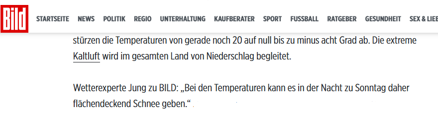 Bild lügt.

Kein einziges Wettermodell zeigt für die Nacht von Samstag auf Sonntag die Möglichkeit von "flächendeckend Schnee" in Deutschland.

Vorhersage des ECMWF für Sonntag 4 Uhr

Temperaturen

kachelmannwetter.com/de/modellkarte…

Signifikantes Wetter

kachelmannwetter.com/de/modellkarte…