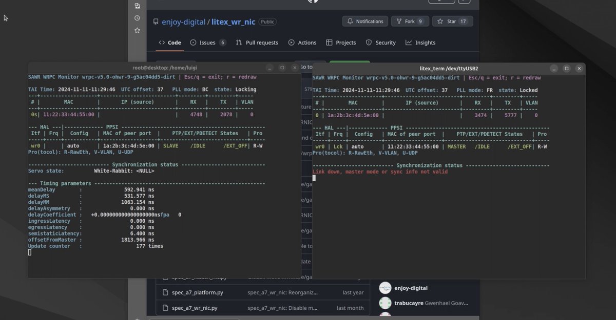This is a big cable mess but got the White Rabbit (nanosecond-level time synchronization) sorta working!

I’m using two baseboards, one with an Acorn acting as a clock reference and the other with a Litex M2SDR acting as a client. I’m using a direct attach cable instead of a