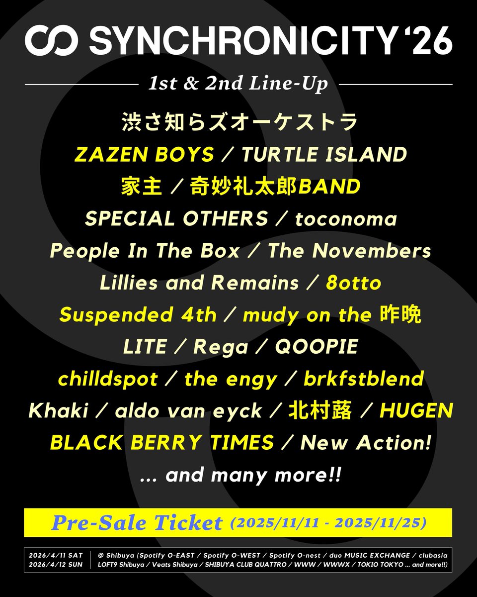 _synchronicity's tweet image. 🔥News🔥
『SYNCHRONICITY’26』第2弾ラインナップ発表❗ZAZEN BOYS、家主、奇妙礼太郎BAND、8otto、Suspended 4th、mudy on the 昨晩、chilldspot、the engy、ブレブレ等12組✨限定先行チケット発売スタート‼️

🎟TICKET
w.pia.jp/t/synchronicit…

🌏INFO
synchronicity.tv/festival/news/…

#SYNCHRONICITY26
