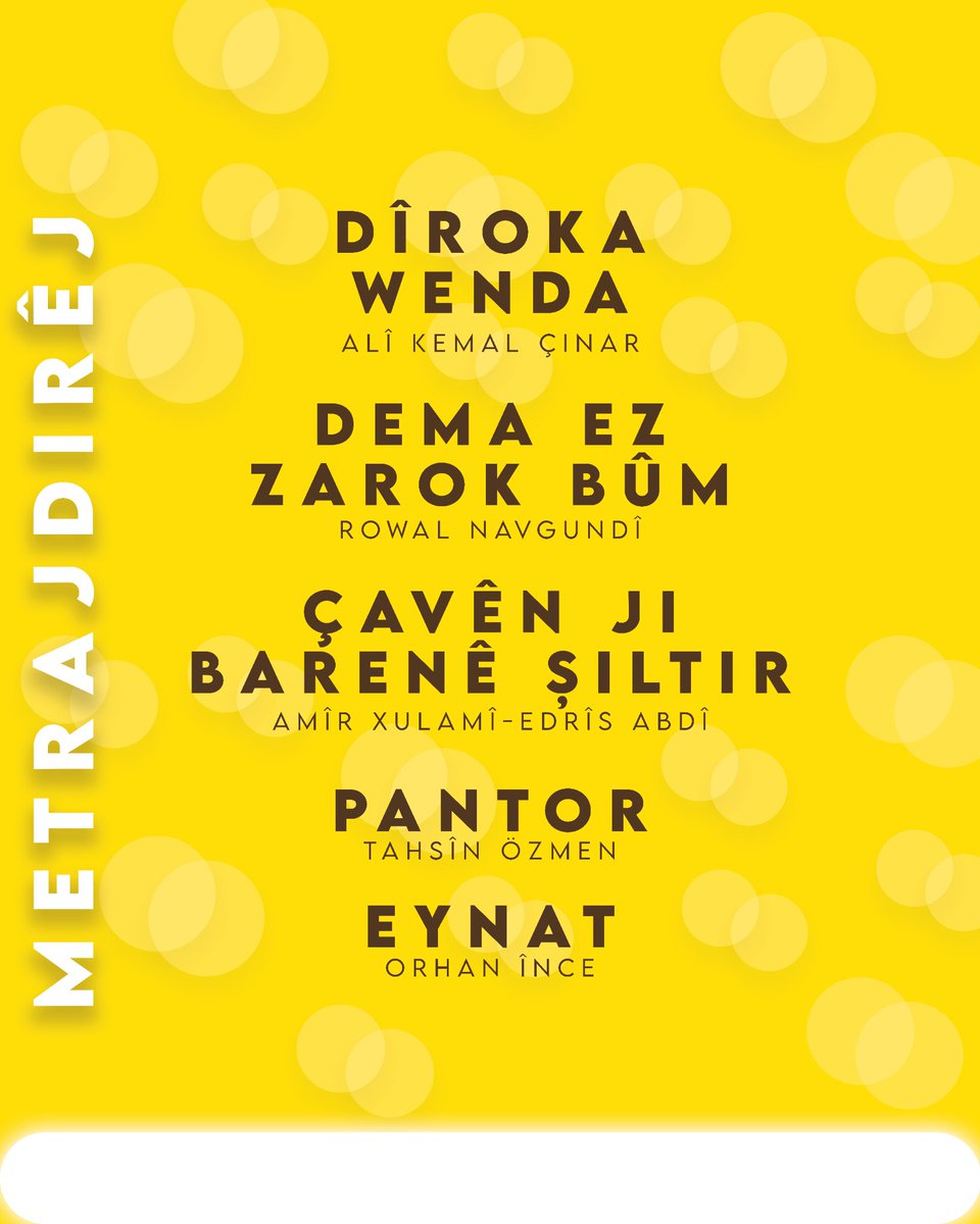 🎬Projeyên fînalîst yên ji bo Fona Projeyan ya Sînebîrê, ku em deng, çîrok û perspektîfên nû di sînemaya Kurdî de vedikolin hatin eşkerekirin.

🎬Kürt sinemasının yeni sesleri, hikâyeleri ve bakışlarıyla buluştuğumuz Sînebîr Proje Fonu’nda finalist projeler belli oldu.

🎬The new