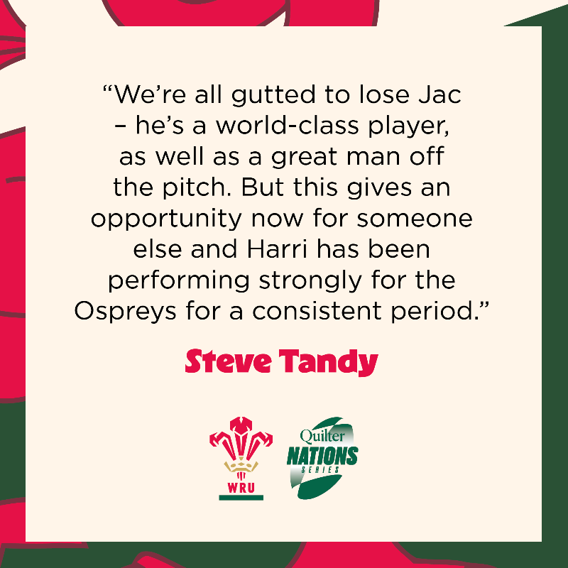 WelshRugbyUnion's tweet photo. 🚨 𝘿𝙞𝙬𝙚𝙙𝙙𝙖𝙧𝙞𝙖𝙙 𝘾𝙖𝙧𝙛𝙖𝙣 🏴󠁧󠁢󠁷󠁬󠁳󠁿

Croeso Harri Deaves 🤝

Pob lwc with the recovery Jac, we are all behind you ❤️

#CymruAmByth | #QuilterNationsSeries