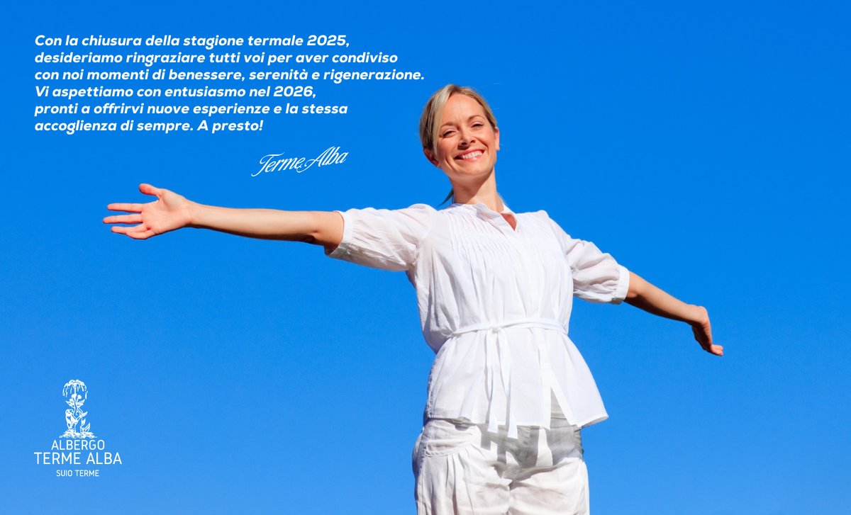 TermeAlba's tweet photo. CHIUSURA STAGIONE
Con la chiusura della stagione termale 2025, desideriamo ringraziare tutti voi per aver condiviso con noi momenti di benessere, serenità e rigenerazione. Vi aspettiamo con entusiasmo nel 2026, pronti a offrirvi nuove esperienze e la stessa accoglienza di sempre. https://t.co/Hcf3OBS1x4