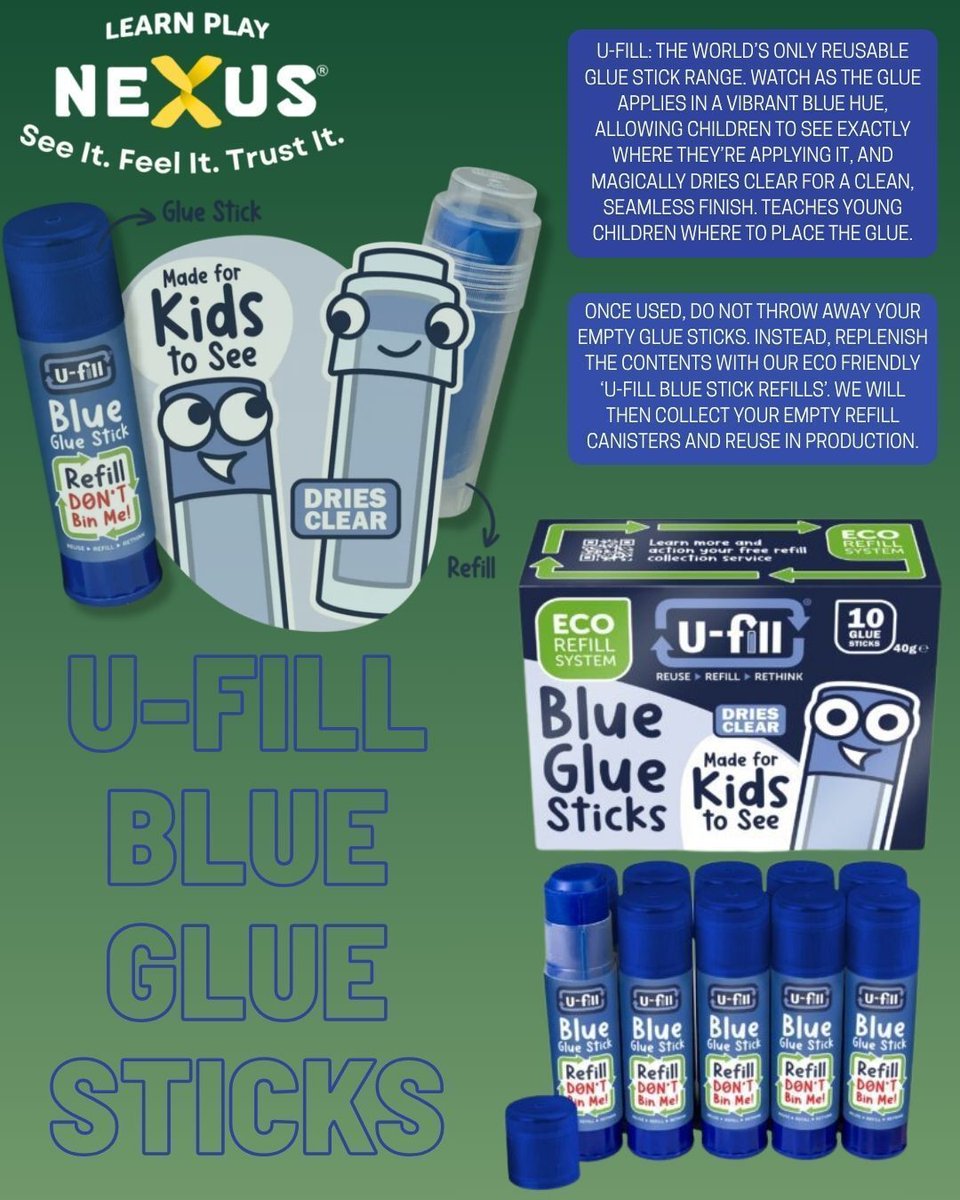 See it. Stick it. Save it! 💙
Our U-Fill Blue Glue Sticks make gluing fun and easy — the vibrant blue shows exactly where the glue goes and dries clear for a perfect finish every time.
Better yet, they’re reusable and eco-friendly — refill, reuse, and rethink how you glue! 🌍✨