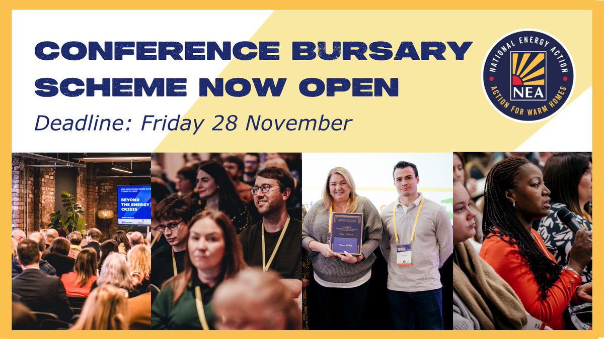 NEA_UKCharity's tweet image. We're pleased to open a bursary scheme for our upcoming #FuelPovertyConf. We want to enable attendance from those organisations which would not usually be able to pay to attend conference.