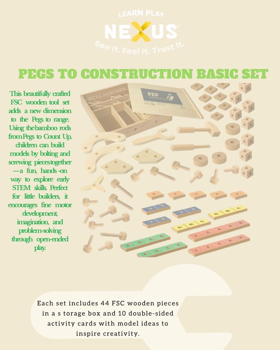 🔩 Build. Create. Discover!
The Pegs to Construction Basic Set brings imagination to life — little builders can screw, bolt, and design their own creations while developing fine motor skills and early STEM thinking. 🧠✨
#LearnPlayNexus #STEMLearning #EarlyYearsPlay
