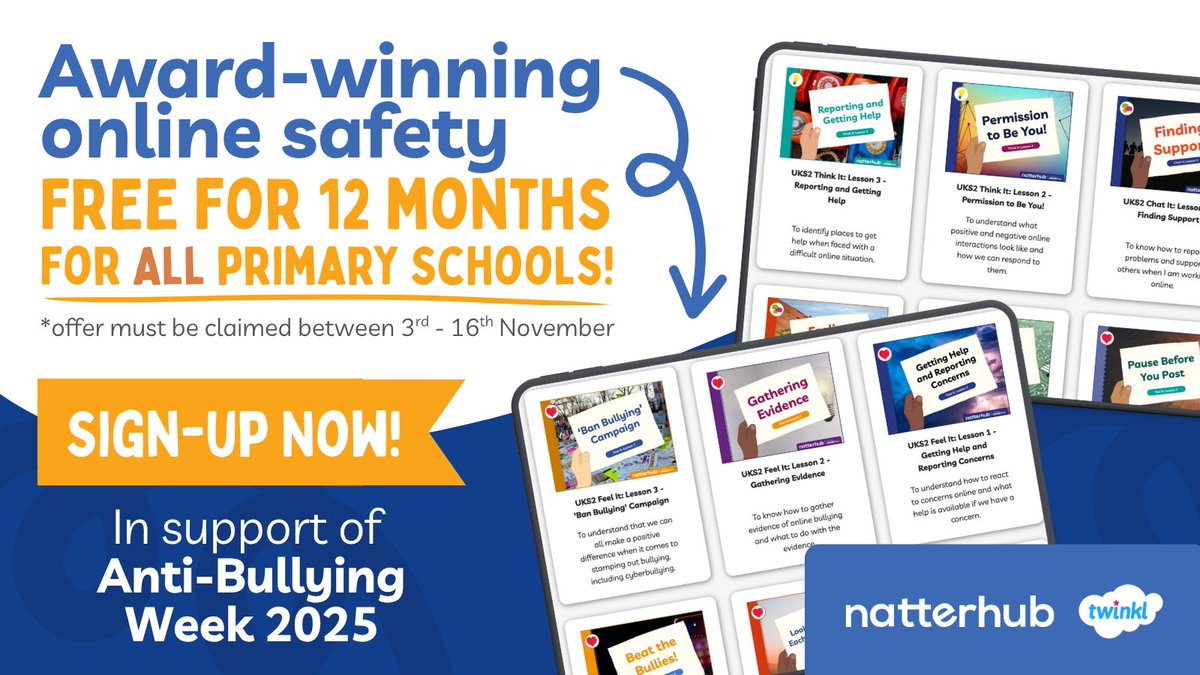 Natterhub schools are ahead in teaching digital literacy! Join them with our FREE access offer to Natterhub for 12 months in support of #AntiBullyingWeek. 
✅ Curriculum-aligned
✅ Safe learning environment
✅ Interactive and engaging
Sign up here!👉 ow.ly/PO1C50XpOkh