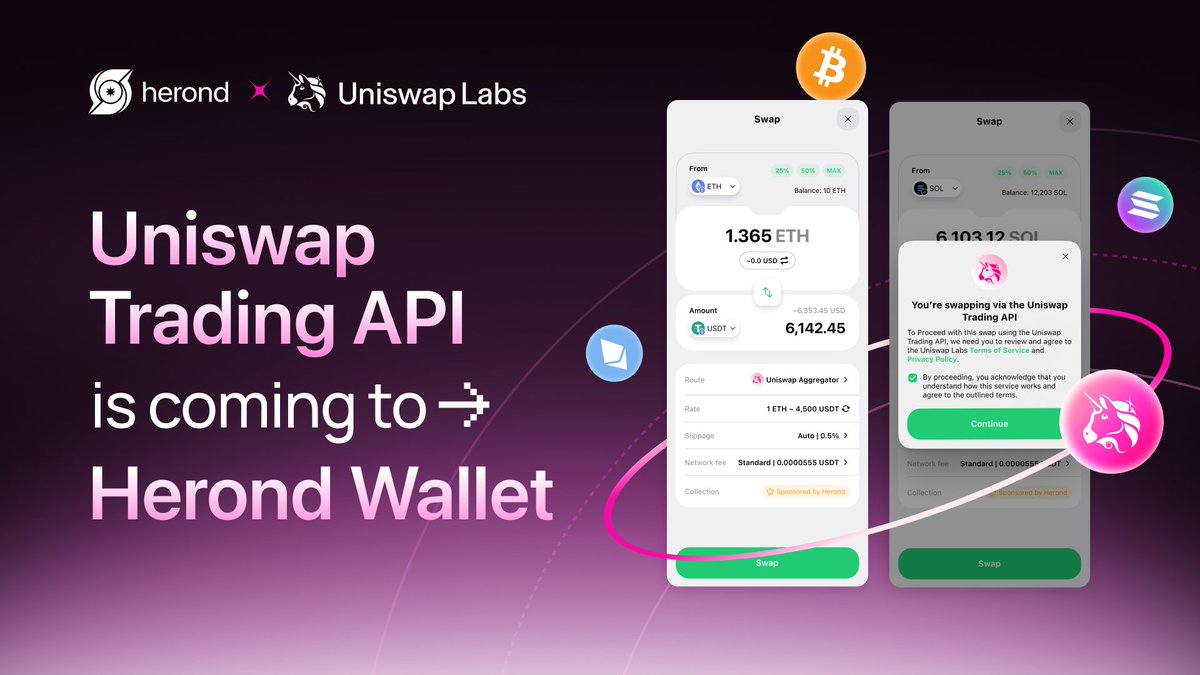 Big News: <a href="/Uniswap/">Uniswap Labs 🦄</a>'s Trading API is officially coming to Herond Wallet! 🦄

Trade faster, smarter, smoother with Uniswap’s deep liquidity - now fully integrated inside Herond Wallet.

A new era of seamless DeFi trading is here.