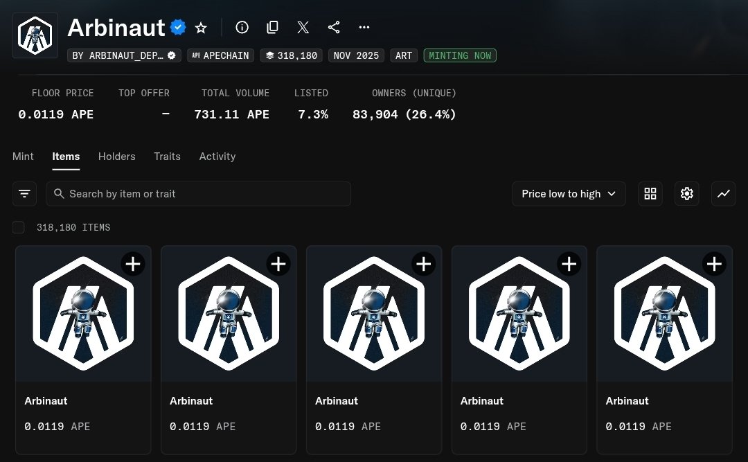 [Mint NFT]

Do these to Mint Your Free Arbinaut NFT by Arbitrum

<a href="/arbitrum/">Arbitrum</a> has partnered with <a href="/OthersideMeta/">Othersidemeta</a> Apechain to launch a Free Arbinaut NFT mint on Opensea

Mint is completely free with a gas fee less than $0.0011

• Head to: opensea.io/collection/arb…
• Connect your EVM
