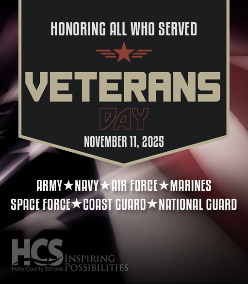 Today and every day, HCS honors the brave men and women who have served our nation. 🇺🇸
We’re grateful for their courage and sacrifice.
Check with your local schools for Veterans Day events.
Learn more: horrycountyschools.net/ourschools

#OneHCS #InspiringPossibilities #VeteransDay2025