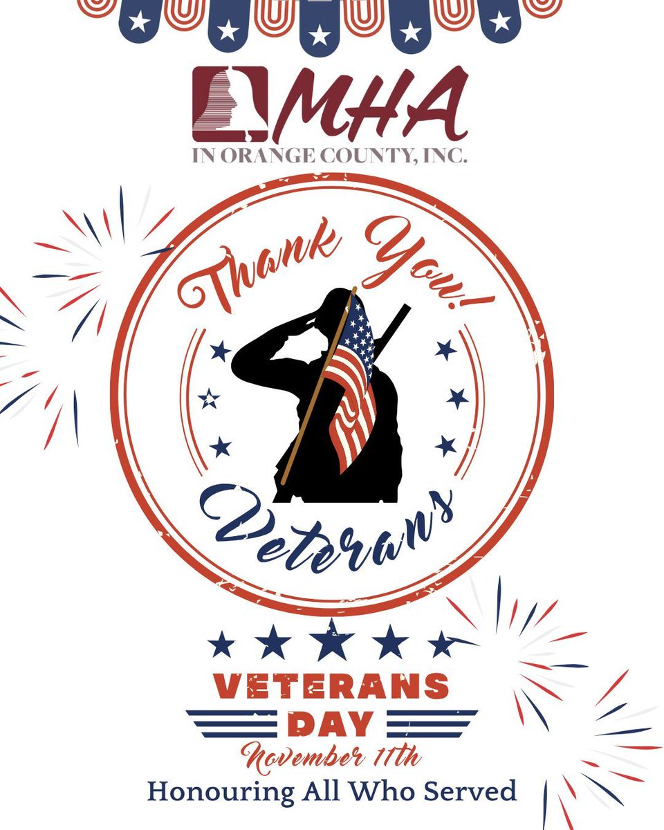 In observance of #VeteransDay, MHA in Orange County offices are closed today, November 11.

If you or someone you know needs support, help is always available:
311 or 1-800-832-1200 — Orange County Crisis Call Center
988 — National Suicide and Crisis Lifeline
#ThankYouVeterans