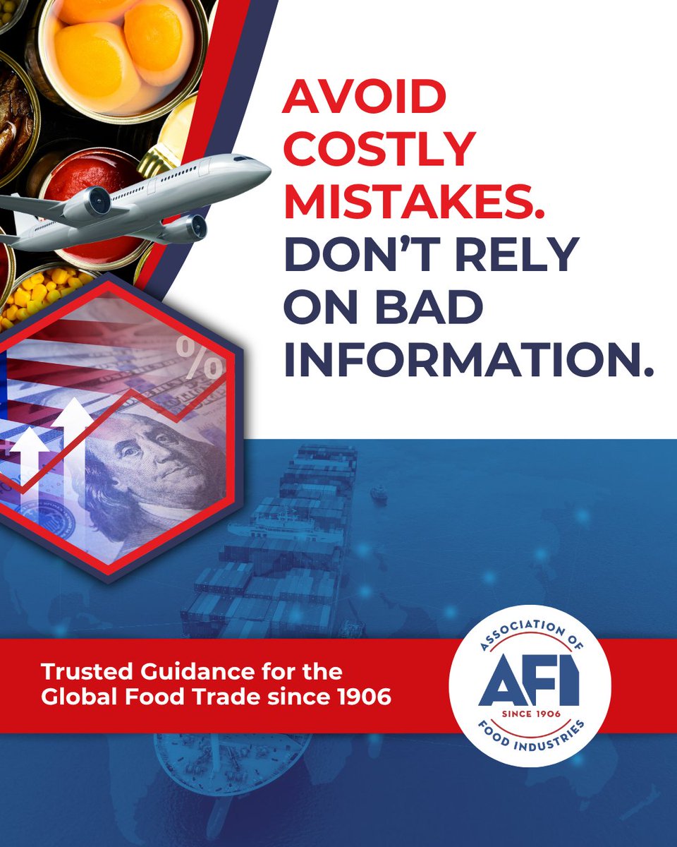 Misinformation can cost you. AFI helps you get it right.
Trusted since 1906. And foreign supplier members get FREE FDA facility registration &amp; renewal. 
Learn more at afius.org
#afi #imports #tariffs #foodimports #reliability #facts