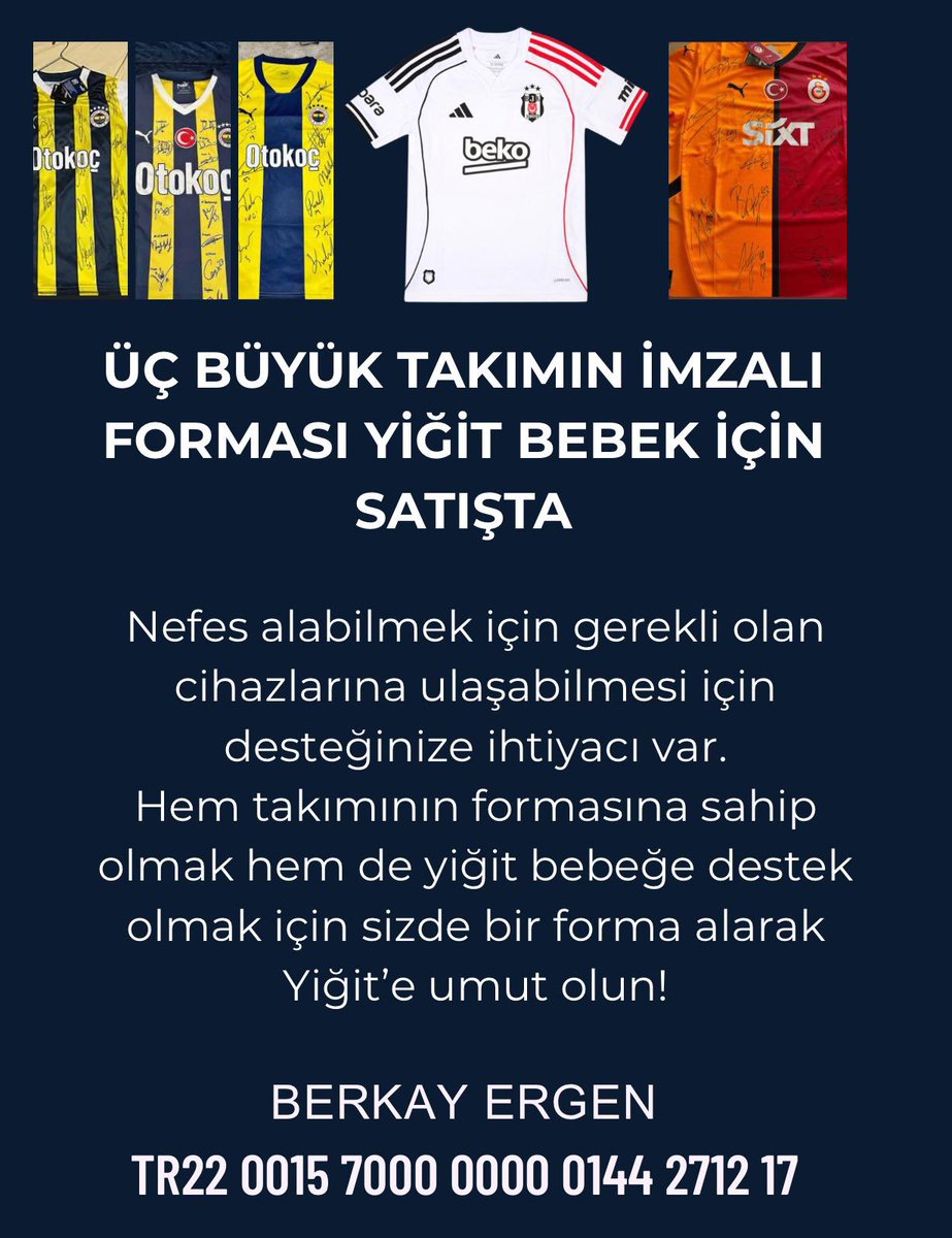 Değerli Fenerbahçe Ailesi,

Tüm takım imzalı Fenerbahçe Beşiktaş ve Galatasaray formalarımızın adet fiyatı 30.000 TL olarak belirlenmiştir.
Bu kampanya kapsamında yapılacak tüm ödemeler, tamamen Yiğit Bebek adına bağış olarak değerlendirilecektir.

Destekleriniz için teşekkür