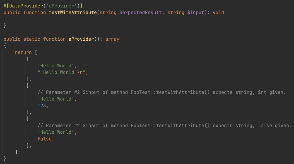 And thanks to the awesome work by <a href="/markusstaab/">markus staab | @markusstaab@phpc.social</a>, phpstan-phpunit now typechecks data providers as if they were traditional method calls: