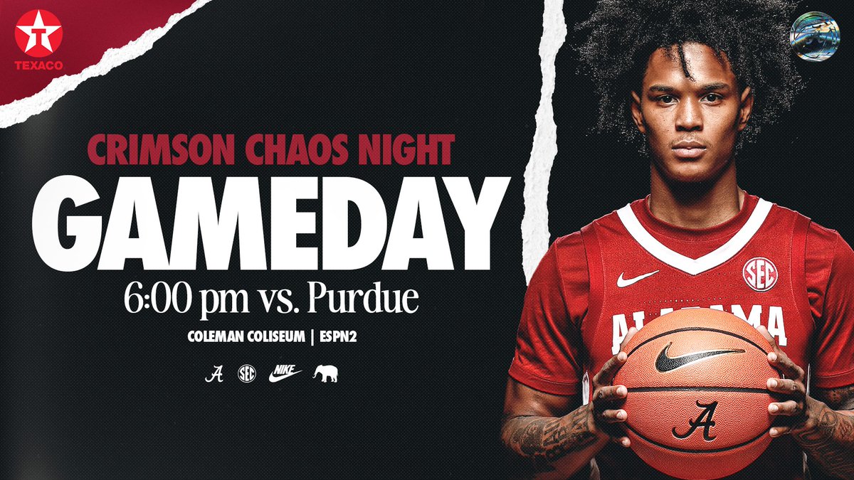 TONIGHT 👀🚨 See you at Coleman!

🆚 Purdue
📍 Coleman Coliseum
⏰ 6 PM CT

#RollTide | <a href="/AlabamaMBB/">Alabama Men’s Basketball</a>