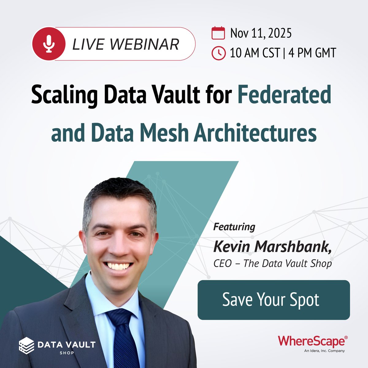 wherescape's tweet image. Join Kevin Marshbank today at 10 AM CST for Data Vault insights into Federated &amp;amp; Data Mesh! 🌟 Register: ow.ly/U8v250Xp6SN #DataVault #DV2 #DataMesh #FederatedData #DataArchitecture #DataEngineering #Automation #WhereScape