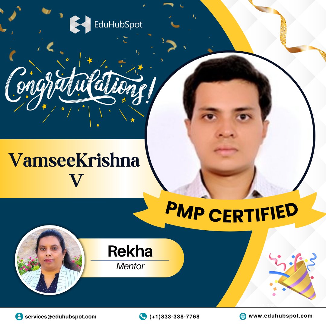 eduhubspot's tweet image. #SpotYourSuccess 🏆
 Congratulations on achieving your PMP Certification, VamseeKrishna V! You have shown tremendous dedication and hard work to obtain this certification and we are so proud.
 
 Mentored by : Rekha Natarajan

 eduhubspot.com