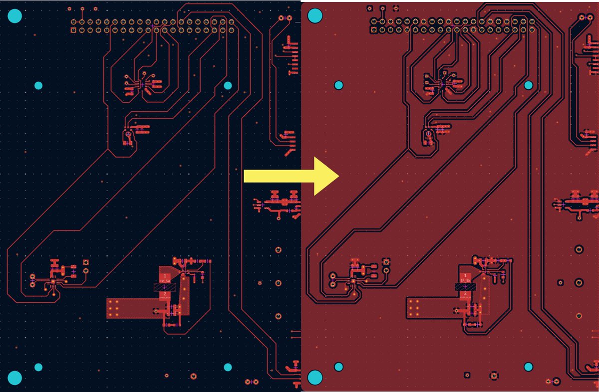 observie's tweet image. If you end up with empty PCB space, consider filling it up with ground pours. Advantages:

1. Less EMI: the ground pours act as a Faraday cage around your signals
2. Better heat dissipation: that copper is a heat sink
3. Reduced crosstalk: the ground pours act as a guard between…