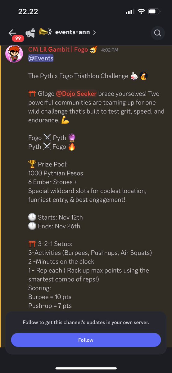 The <a href="/PythNetwork/">Pyth Network 🔮</a> x <a href="/fogo/">Fogo</a> Triathlon Challenge will start on November 12.
Full details are available in the Fogo Discord, check the announcements channel. 💪🔥

Prize Pool:
• 1000 Pythian Pesos
• 6 Ember Stones
• + Wildcard rewards for coolest location, funniest entry, &amp; best