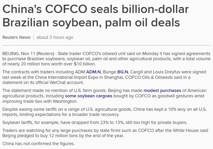 News article screenshot from Reuters titled Chinas COFCO seals billion-dollar Brazil soybean palm oil deals. It details COFCOs oilseed unit signing agreements for Brazilian soybeans oilseeds and agricultural products totaling nearly 20 million tonnes with companies like ADM Bunge Cargill and Louis Dreyfus at the China International Import Expo in Shanghai. The text mentions US tariffs on soybeans and expected Brazilian exports.