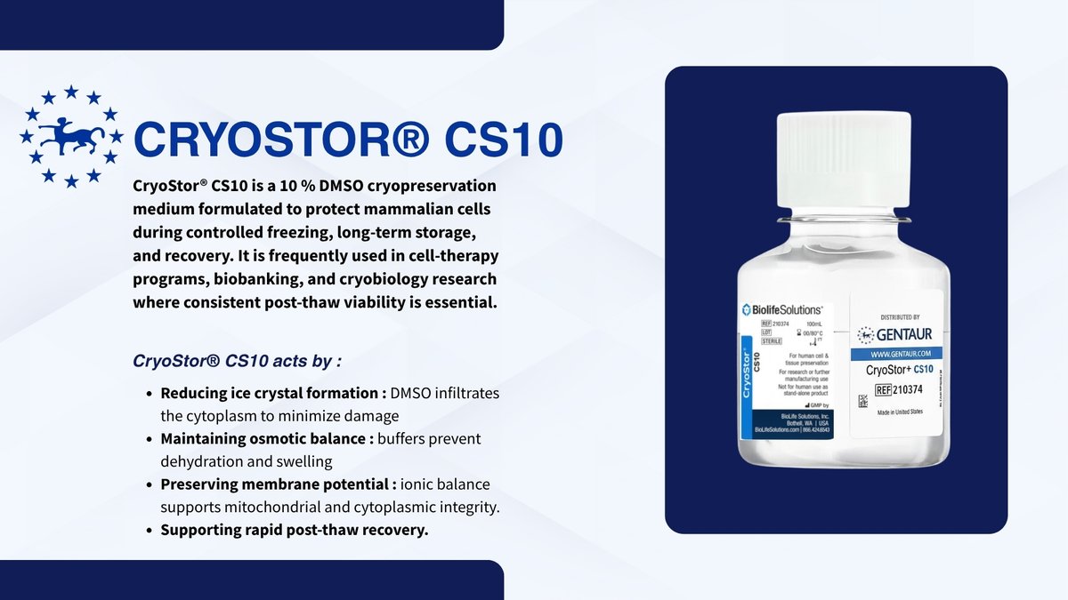 🧬 CryoStor® CS10  chroni to, co najważniejsze: Twoje komórki.
Zaufany na całym świecie za stałą żywotność i doskonałą krioprotekcję.
Dystrybuowany przez Gentaur.
#Gentaur #CryoStor #Kriokonserwacja #Biotechnologia