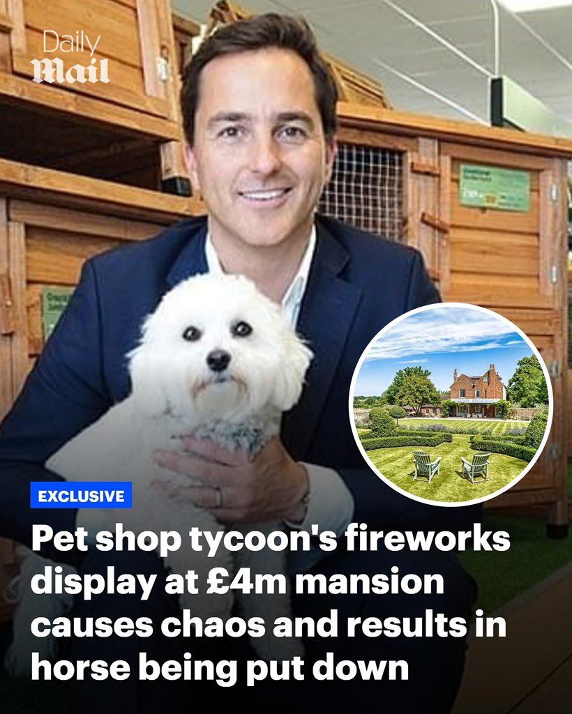 Pets Corner tycoon Dean Richmond has been blasted by furious neighbours after a huge fireworks display at his £4million estate left a horse so badly injured it had to be put down.

Mr Richmond, 52, was forced to issue a grovelling apology after the celebrations spectacularly