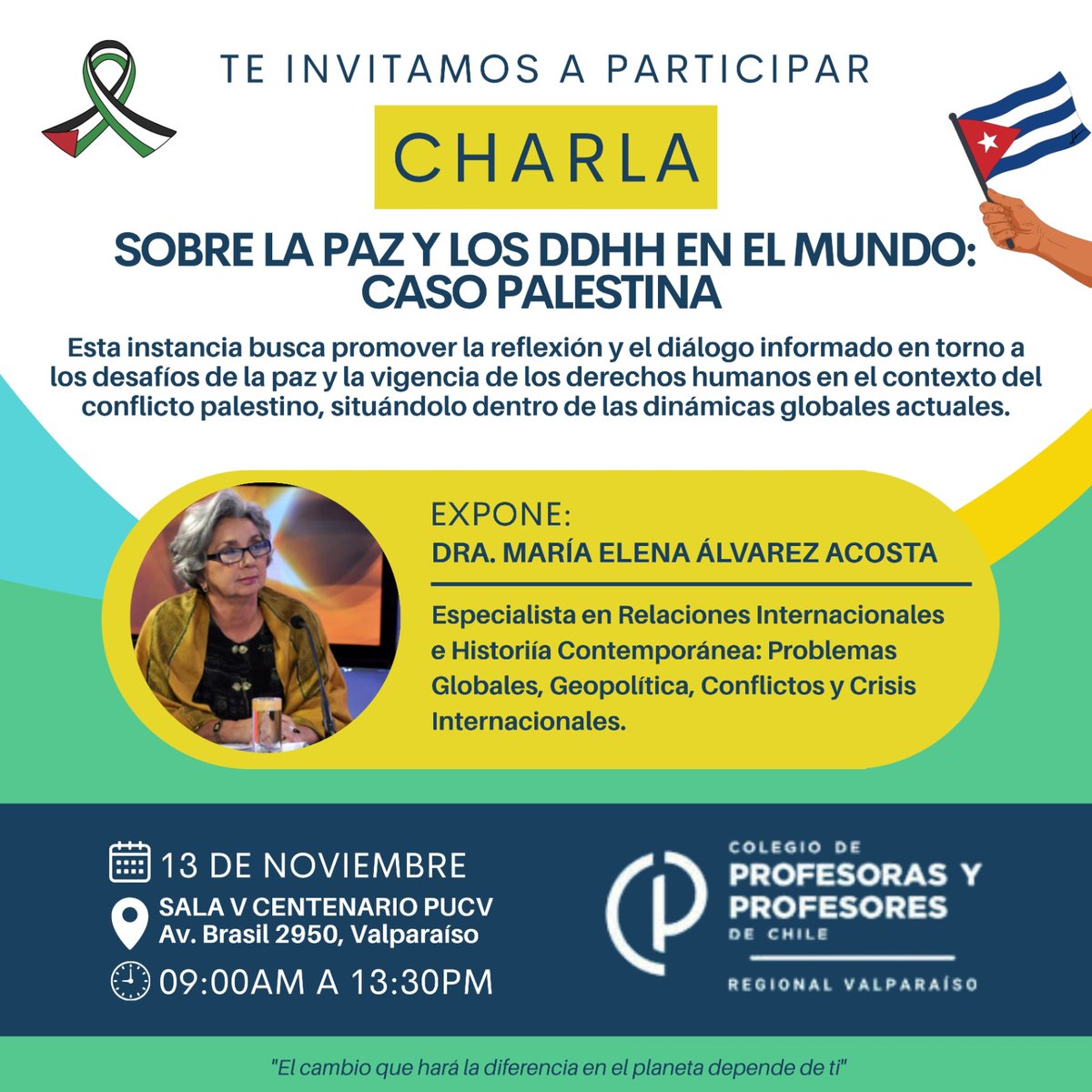 Próximo 13/noviembre en Valparaíso, la investigadora y profesora María Elena Álvarez ofrecerá charla "Sobre la paz y los DDHH en el mundo: caso Palestina".