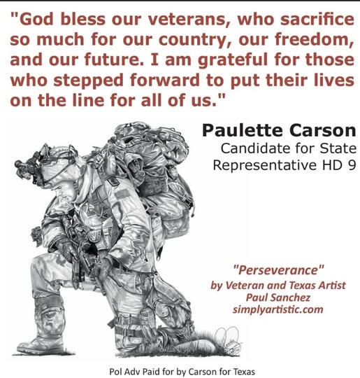 CarsonForTexas's tweet image. 🇺🇸God bless our veterans, who sacrifice so much for our country, our freedom, and our future. I am grateful for those who stepped forward to put their lives on the line for all of us!

Thank you, veterans!

#VeteransDay #CarsonForTexas #HD9 #YourVoiceOurTexas #txlege
