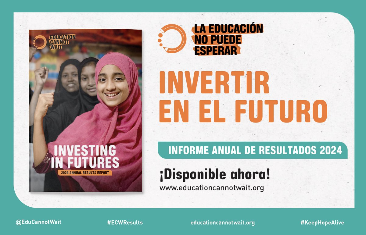 EduCannotWait's tweet photo. 📙Informe Anual de Resultados: Invertir en el Futuro

En los dos primeros años de su Plan Estratégico, @EduCannotWait y sus socios han llegado a 8.3M de infancias afectadas por crisis en 33 países.

A pesar de la disminución de la ayuda humanitaria, #ECW está generando resultados para niñas y niños cuyo futuro depende del poder de la #educación.

👉https://t.co/W3N1Sd8c6a #KeepHopeAlive @BMZ_Bund @ONU_es @FCDOGovUK @EU_Partnerships @SpainMFA