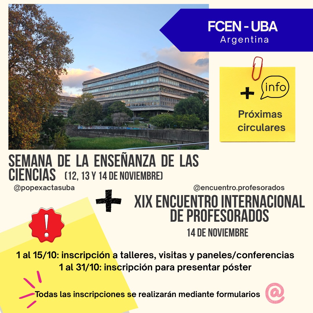 ✨Cita imperdible!!  Panel con <a href="/silvinagvirtz/">Silvina Gvirtz</a>,  #LauraPezatti y quien escribe. Redes docentes + enseñanza de las ciencias. Coordina: <a href="/Recursivamente/">Christian Cossio M.</a> 
📅 jueves 13/11
⏰9 hs.
📍Cero + Infinito (UBA) <a href="/Exactas_UBA/">Exactas UBA</a>
Te esperamos!! #EducarEnRed