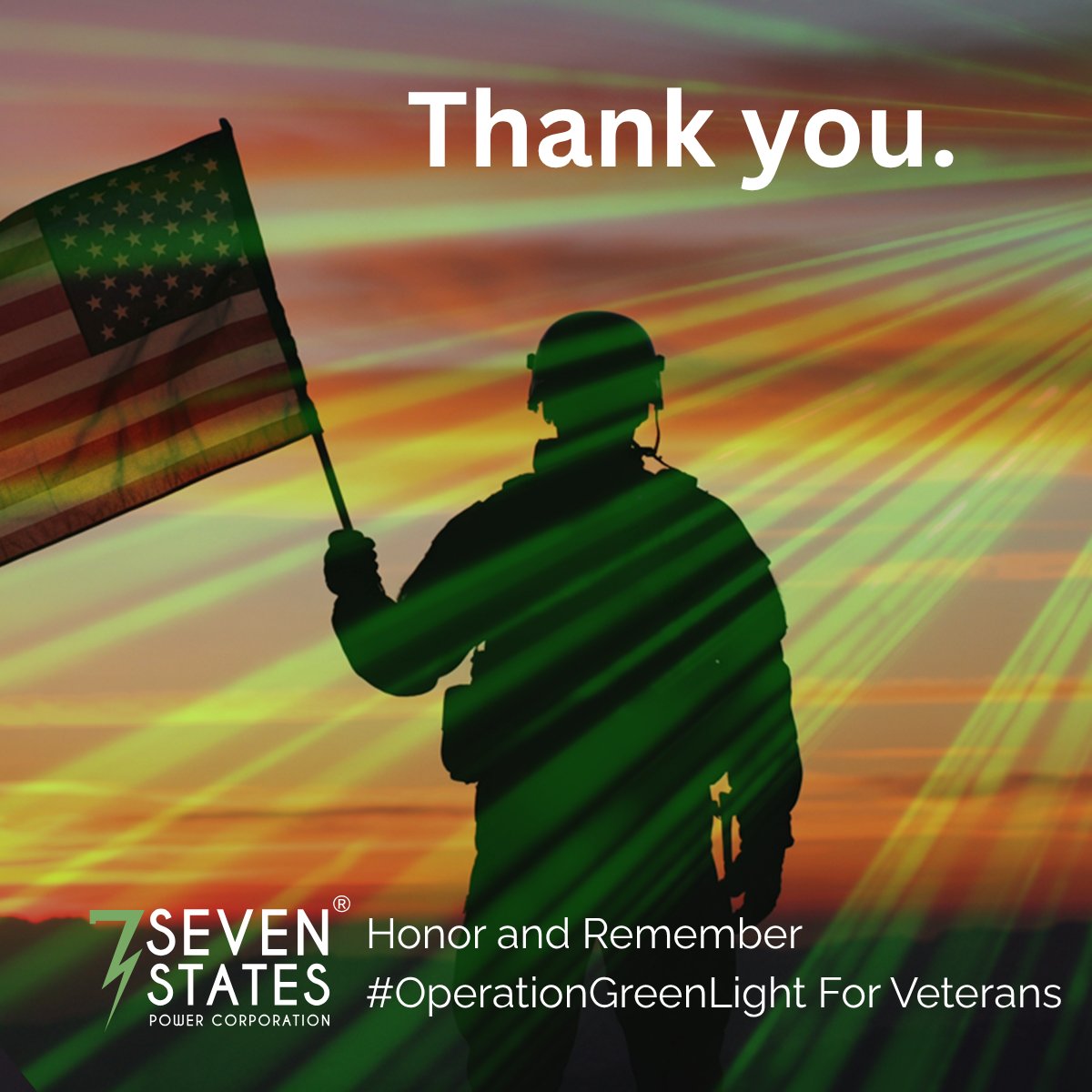 7StatesPower's tweet photo. Today, we honor and thank the brave men and women who have served our nation. Seven States joins communities across the nation in participating in #OperationGreenLight — shining a green light to honor the service and sacrifice of our nation’s veterans. #VeteransDay https://t.co/ZRp92JUDgx