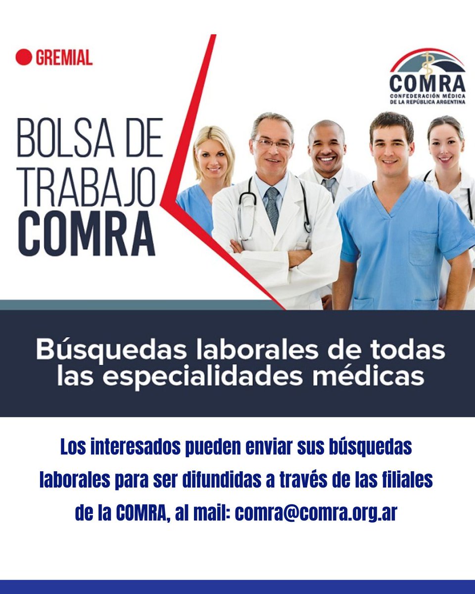 Comraoficial's tweet photo. GREMIAL I BOLSA DE TRABAJO COMRA: 📢 CONVOCATORIA DE MÉDICOS/AS HEMATÓLOGOS/AS PARA EL HOSPITAL ZONAL DE ESQUEL
☑Los interesados deberán enviar su CV al mail seleccionsalud@chubut.gov.ar, o comunicarse al teléfono (0280) 4484125, interno 140, de lunes a viernes de 8 a 14 horas. https://t.co/ynBt6jNTeH