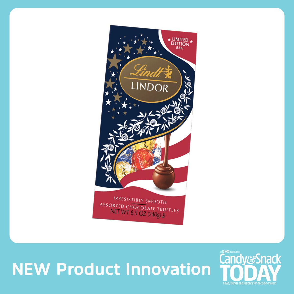 Limited-edition Lindor Stick 250th Anniversary gravity-feed displays are debuting from <a href="/LindtUK/">Lindt UK</a> &amp; Sprungli USA, Inc. Each unit features red, white, and blue USA-themed graphics and an illustration of the filled milk chocolate bars.

Find more innovations: candyusa.com/cst/products/l…