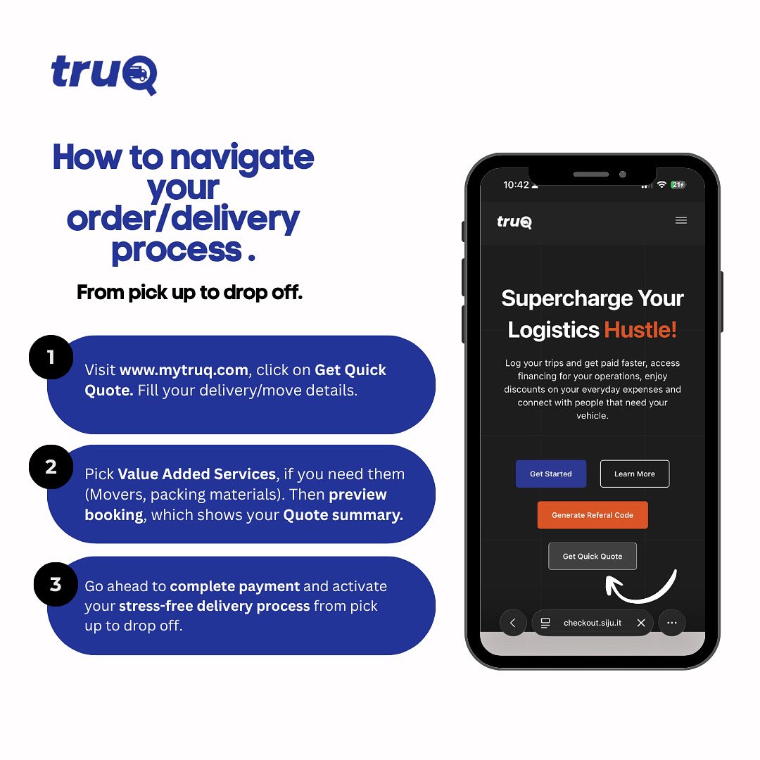 MytruQ's tweet image. Making deliveries just got easier with truQ 

Here’s how to navigate our website and book your next move/delivery in minutes!
Start here 👉 mytruq.com

 #Logistics #DeliverySimplified