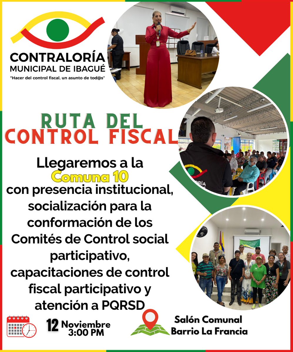 📷¡Atención, Comuna 10!
La Contraloría Municipal de Ibagué invita a la comunidad de la Comuna 10 a participar en La Ruta del Control Fiscal, una estrategia que acerca la entidad a los territorios y promueve la participación ciudadana.
