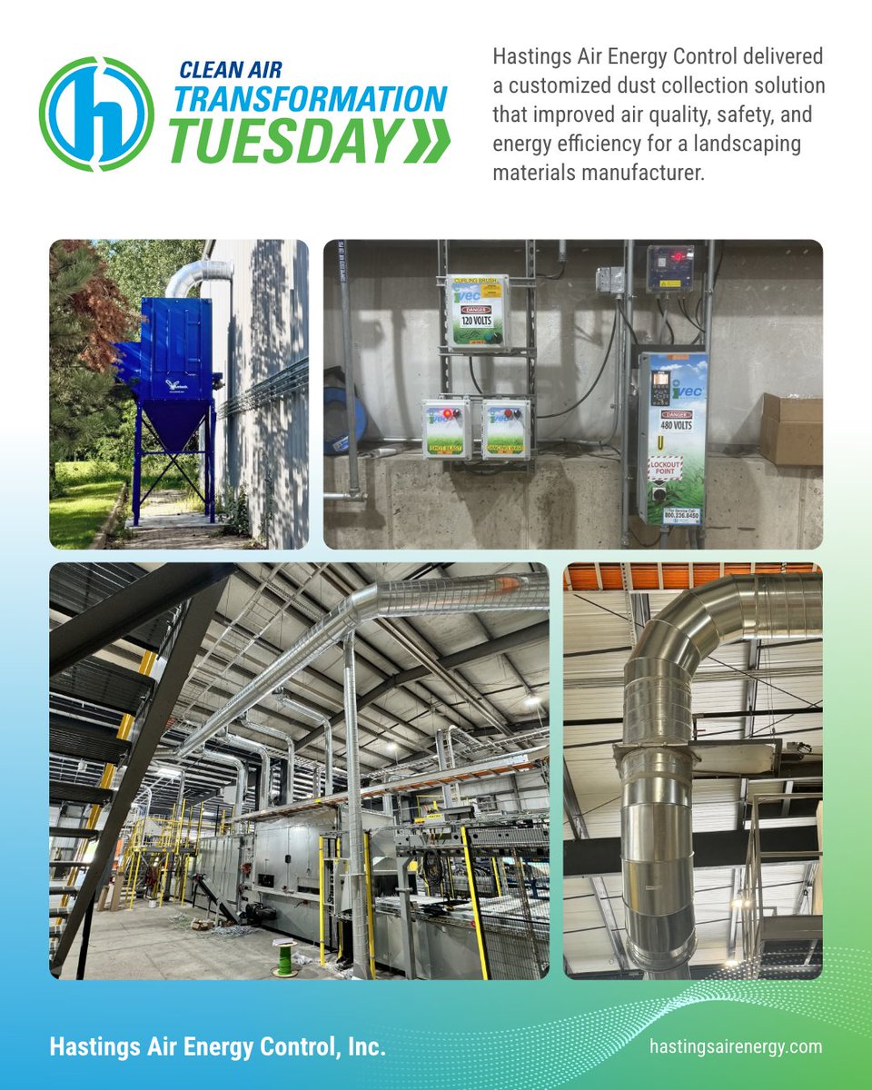 HASTINGSAir's tweet photo. 🌿 Clean Air Transformation Tuesday
When a customer needed an efficient way to capture harmful dust from landscaping pavers and blocks, Hastings Air Energy Control delivered a tailored solution designed for performance and safety.

🛠️ Our Solution:
Installed 24 cartridge dust collector to handle high particulate loads.
Integrated the IVEC Jr control system for intelligent operation and system coordination.
Implemented automatic dampers to sequence machine operation of two separate machines, ensuring that neither device runs concurrently optimizing both safety and energy performance.

✅ The Results:
A cleaner, healthier environment for operators
Enhanced operational efficiency: with IVEC monitoring and control, we’re helping reduce unnecessary runtime and maintenance.
Energy-smart system coordination means less wasted power and lower operational cost.

We’re proud to support manufacturers in creating healthier workplaces and improving process efficiency. Want to see how we can help your facility? Call 1-800-236-8450 or visit https://t.co/h3ED6FYiWf to learn more.