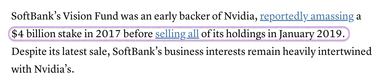 A screenshot of an article excerpt with purple-highlighted text detailing SoftBank Vision Fund's early investment in NVIDIA, including a $4 billion stake in 2017 sold in 2019, and noting ongoing business ties; the text is overlaid on a plain background.